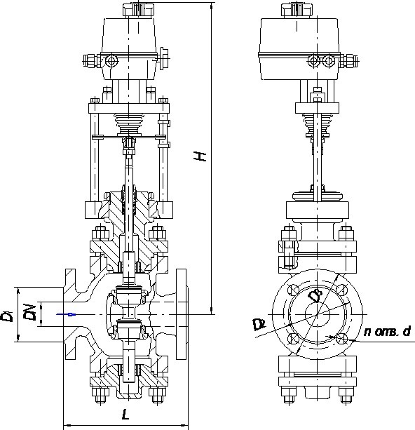 Клапан регулирующий (КР) 25ч940нж двухседельный фланцевый с электрическим исполнительным механизмом (ЭИМ) PN1,6МПа