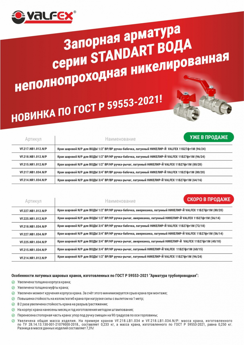 Компания VALFEX представила новые модели латунных шаровых кранов серии STANDART ВОДА